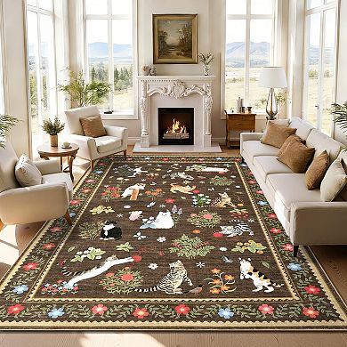 FairOnly Modern Area Rug With Cats&Flower Pattern Non Slip Washable Rug for Bedroom Dining Room