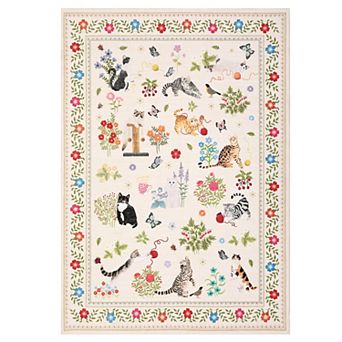 FairOnly Modern Area Rug With Cats&Flower Pattern Non Slip Washable Rug for Bedroom Dining Room