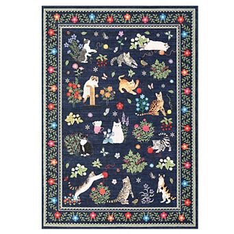 FairOnly Modern Area Rug With Cats&Flower Pattern Non Slip Washable Rug for Bedroom Dining Room