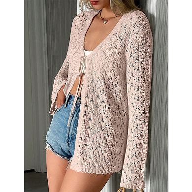 Women Lightweight Tie Front Cardigan Crochet Long Sleeves Knit Cardigans