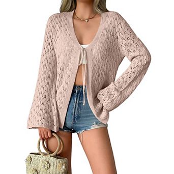 Women Lightweight Tie Front Cardigan Crochet Long Sleeves Knit Cardigans
