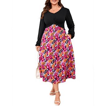 Women Plus Size Dresses V Neck Long Sleeve Pocketed Wedding Guest Layer Casual Midi Dress