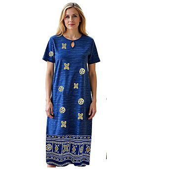 Loungees Border Print Cotton Knit Lounge Dress Sundress Loungedress with Keyhole neck Short Sleeve