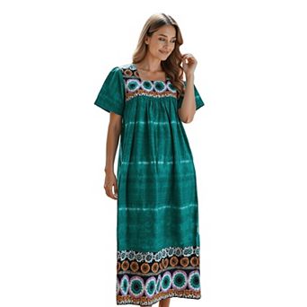 Loungees Border Print Cotton Lounge Dress House Dress Caftan Square Necl Yoke Short Sleeve