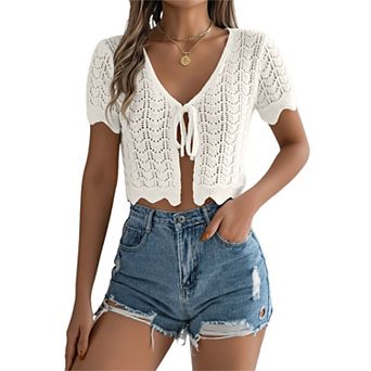 Women's Cardigan Cropped Summer Solid Short Sleeve Knitted Tie Front Cardigans