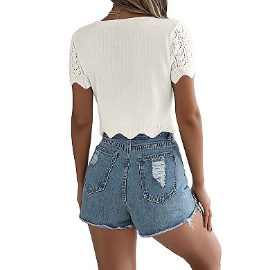 Women's Cardigan Cropped Summer Solid Short Sleeve Knitted Tie Front Cardigans