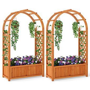 Costway 2 pc Raised Garden Bed Wooden Elevated Planter Box with Lattice Trellis & Ached Roof