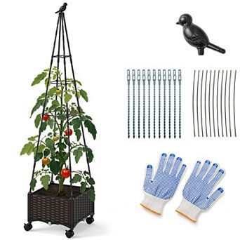 Costway 1 pc Raised Garden Bed with Plant Box & Obelisk Trellis Lockable Wheels Cage Planter
