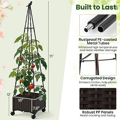Costway 1 PCS Raised Garden Bed with Plant Box & Obelisk Trellis Lockable Wheels Cage Planter