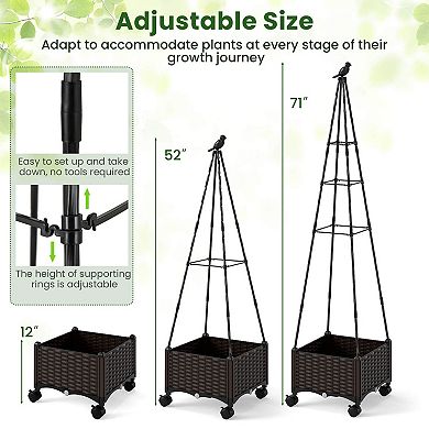 Costway 1 PCS Raised Garden Bed with Plant Box & Obelisk Trellis Lockable Wheels Cage Planter