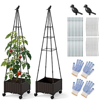 Costway 2 pc Raised Garden Bed with Plant Box & Obelisk Trellis Lockable Wheels Cage Planter