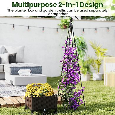 Costway 2 PCS Raised Garden Bed with Plant Box & Obelisk Trellis Lockable Wheels Cage Planter
