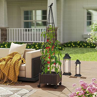 Costway 2 PCS Raised Garden Bed with Plant Box & Obelisk Trellis Lockable Wheels Cage Planter