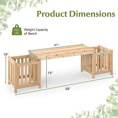 Costway Patio Wooden Bench with Planter 2 Side Flower Box Slot Design for Easy Assembly