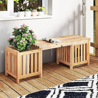 Costway Patio Wooden Bench with Planter 2 Side Flower Box Slot Design for Easy Assembly