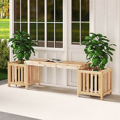 Costway Patio Wooden Bench with Planter 2 Side Flower Box Slot Design for Easy Assembly