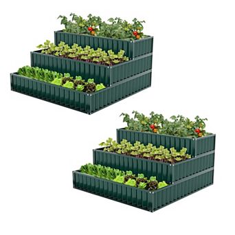 Costway 2 pc 3 tier Raised Garden Bed,47" x 47" x 24" Metal Outdoor Elevated Planter Box Green