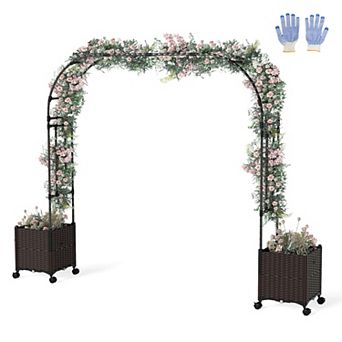 Costway 6.6 FT Tall Metal Garden Arbor with 2 Raised Garden Planters Arch Trellis Outdoor