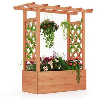 Costway 1 pc Wooden Raised Garden Bed with Trellis & Hanging Roof Drainage Elevated Planter Box