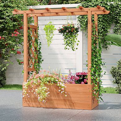 Costway 1 PCS Wooden Raised Garden Bed with Trellis & Hanging Roof Drainage Elevated Planter Box