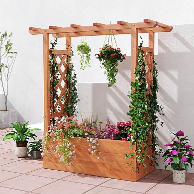 Costway 1 PCS Wooden Raised Garden Bed with Trellis & Hanging Roof Drainage Elevated Planter Box