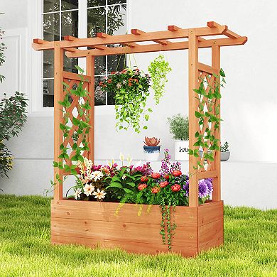 Costway 1 PCS Wooden Raised Garden Bed with Trellis & Hanging Roof Drainage Elevated Planter Box