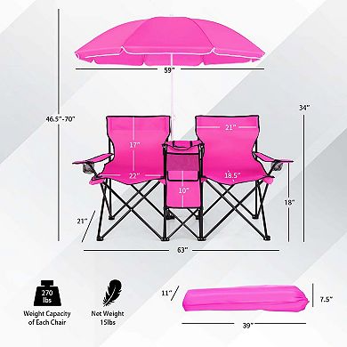 Costway Portable Folding Picnic Double Chair W/Umbrella Table Cooler Beach Camping
