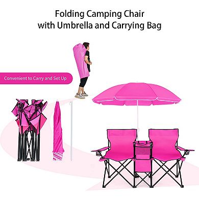 Costway Portable Folding Picnic Double Chair W/Umbrella Table Cooler Beach Camping