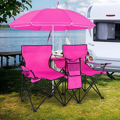 Costway Portable Folding Picnic Double Chair W/Umbrella Table Cooler Beach Camping