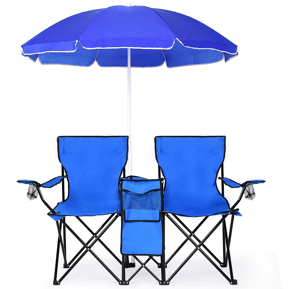 Costway Portable Folding Picnic Double Chair W/Umbrella Table Cooler Beach Camping