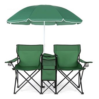 Costway Portable Folding Picnic Double Chair W/Umbrella Table Cooler Beach Camping