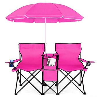 Costway Portable Folding Picnic Double Chair W/Umbrella Table Cooler Beach Camping