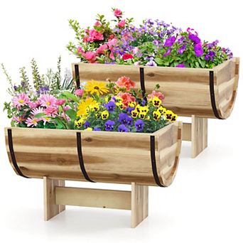 Costway 2 pc Outdoor Wooden Planter Solid Acacia Wood Half-Barrel Planter Box with Legs