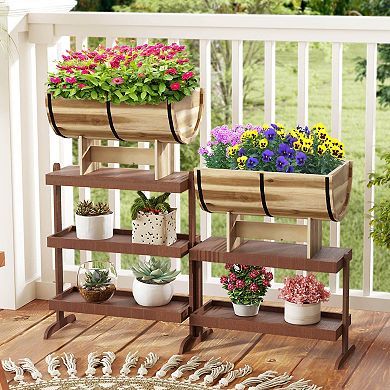 Costway 2 PCS Outdoor Wooden Planter Solid Acacia Wood Half-Barrel Planter Box with Legs