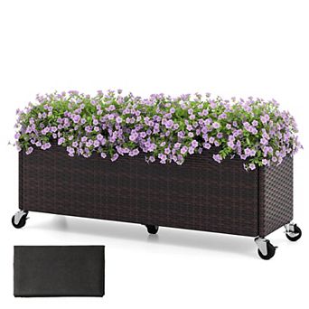 Costway 1 pc Raised Garden Bed All-Weather PE Rattan Wicker Patio Planter Box with Wheels