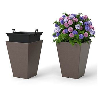 Costway 14" Square Taper Planter Set of 2 with Removable Inner Bucket & Drainage Holes