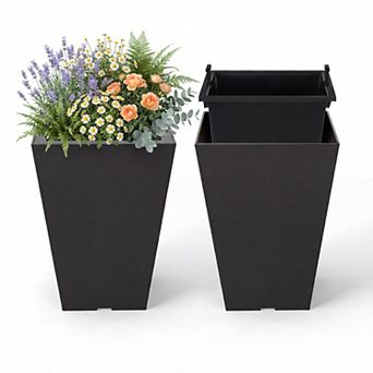 Costway Square Taper Planter Set of 2 with Removable Inner Bucket & Drainage Holes
