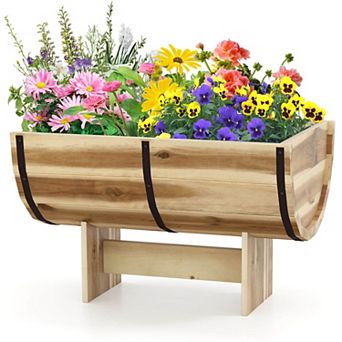 Costway 1 pc Outdoor Wooden Planter Solid Acacia Wood Half-Barrel Planter Box with Legs