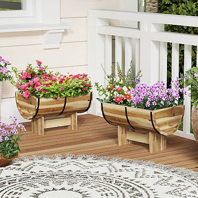 Costway 1 PCS Outdoor Wooden Planter Solid Acacia Wood Half-Barrel Planter Box with Legs