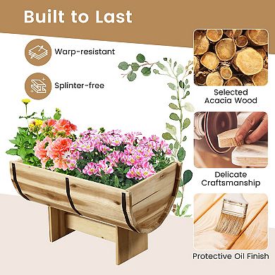Costway 1 PCS Outdoor Wooden Planter Solid Acacia Wood Half-Barrel Planter Box with Legs
