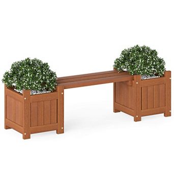 Costway Wood Planter Box with Bench Open-Ended Base & Teak Oil Finish for Flowerpots