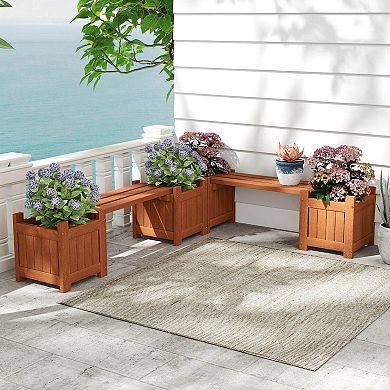 Costway Wood Planter Box with Bench Open-Ended Base & Teak Oil Finish for Flowerpots