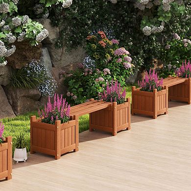 Costway Wood Planter Box with Bench Open-Ended Base & Teak Oil Finish for Flowerpots