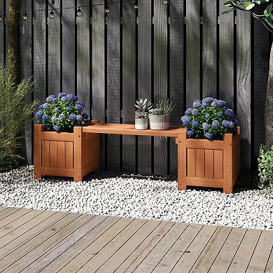 Costway Wood Planter Box with Bench Open-Ended Base & Teak Oil Finish for Flowerpots