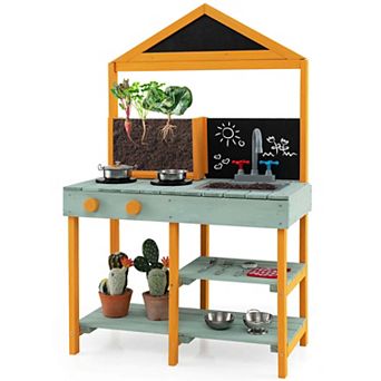 Costway Kids Kitchen Playset Outdoor Mud Kitchen with Root Viewer Planter Removable Sink