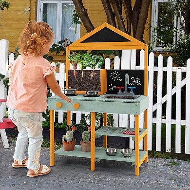 Costway Kids Kitchen Playset Outdoor Mud Kitchen with Root Viewer Planter Removable Sink