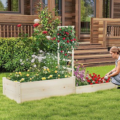 Costway 87" Raised Garden Bed with Trellis 2 Planter Boxes Open-ended Base for Patio