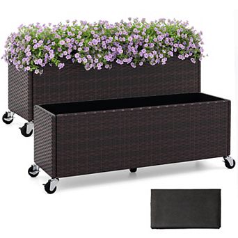 Costway 2 pc Raised Garden Bed All-Weather PE Rattan Wicker Patio Planter Box with Wheels