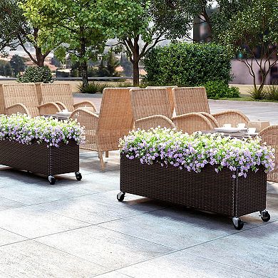 Costway 2 PCS Raised Garden Bed All-Weather PE Rattan Wicker Patio Planter Box with Wheels