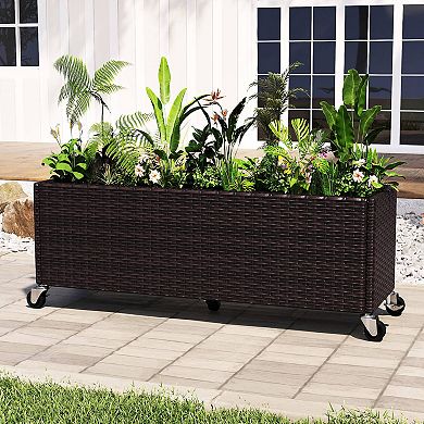 Costway 2 PCS Raised Garden Bed All-Weather PE Rattan Wicker Patio Planter Box with Wheels